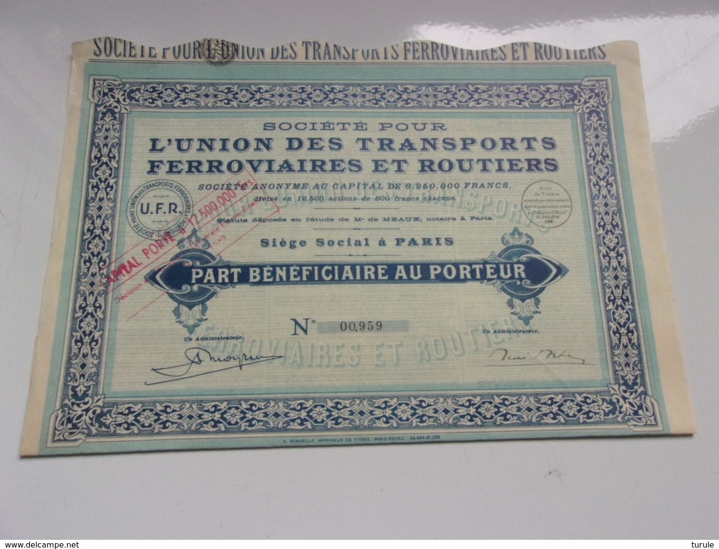 UNION TRANSPORTS FERROVIAIRES ET ROUTIERS (beneficiaire) 1936 - Autres & Non Classés