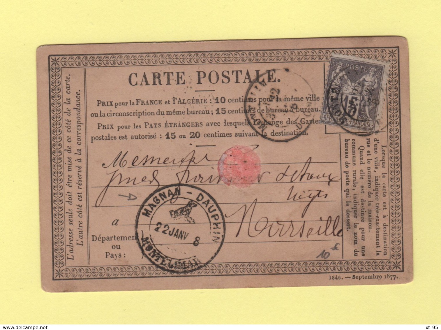 Theme Chien - Cachet Illustre Magnan Dauphin - Montelimar - 1878 - Carte Precurseur - 1877-1920: Semi Modern Period