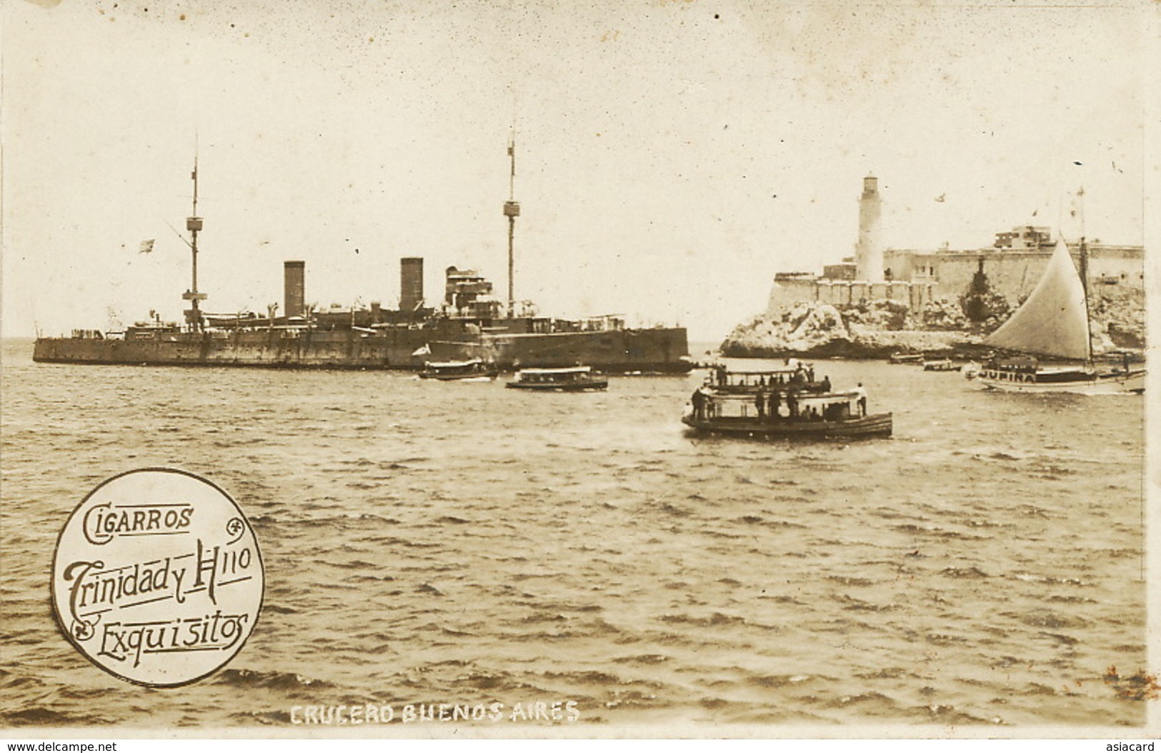 Real Photo Crucero " Buenos Aires " Llegando En La Habana . Advert Trinidad Cigarros . Croiseur - Cuba