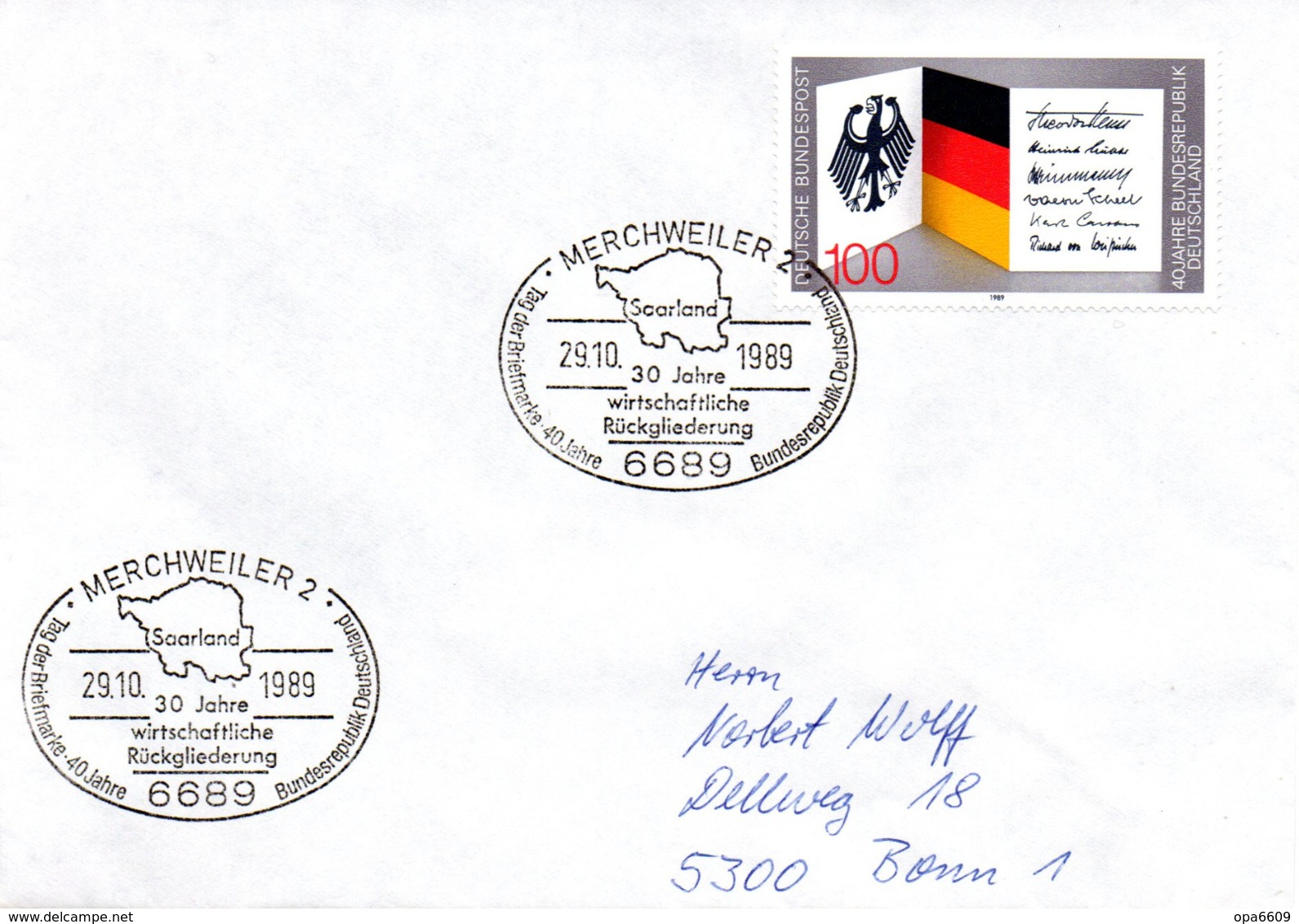 (Bu-B1)BRD Sonderstempel-Beleg "Saarland 30Jahre Wirtschaftliche Rückgliederung"EF BRD Mi1421 SSt 29.10.1989 MERCHWEILER - Briefe U. Dokumente