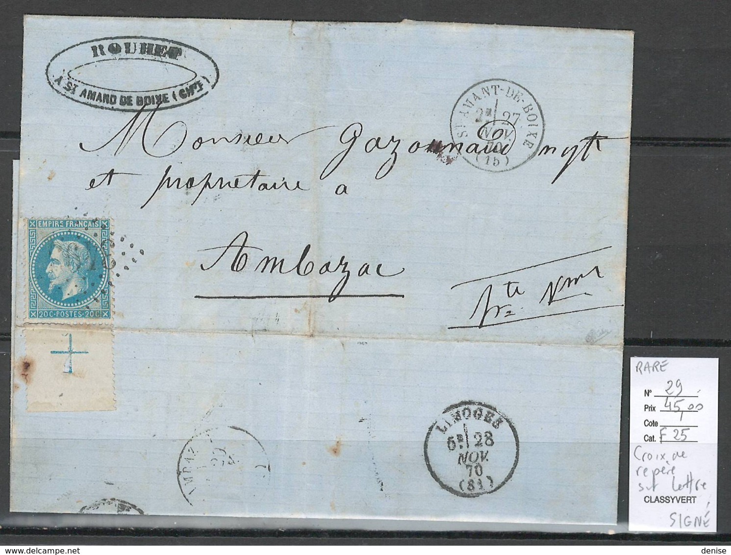 France - Lettre Avec 20 Cts Napoléon Lauré - Croix De Repére - Cachet De Saint Amand De Boix En Charente - SIGNEE CALVES - 1863-1870 Napoleon III With Laurels