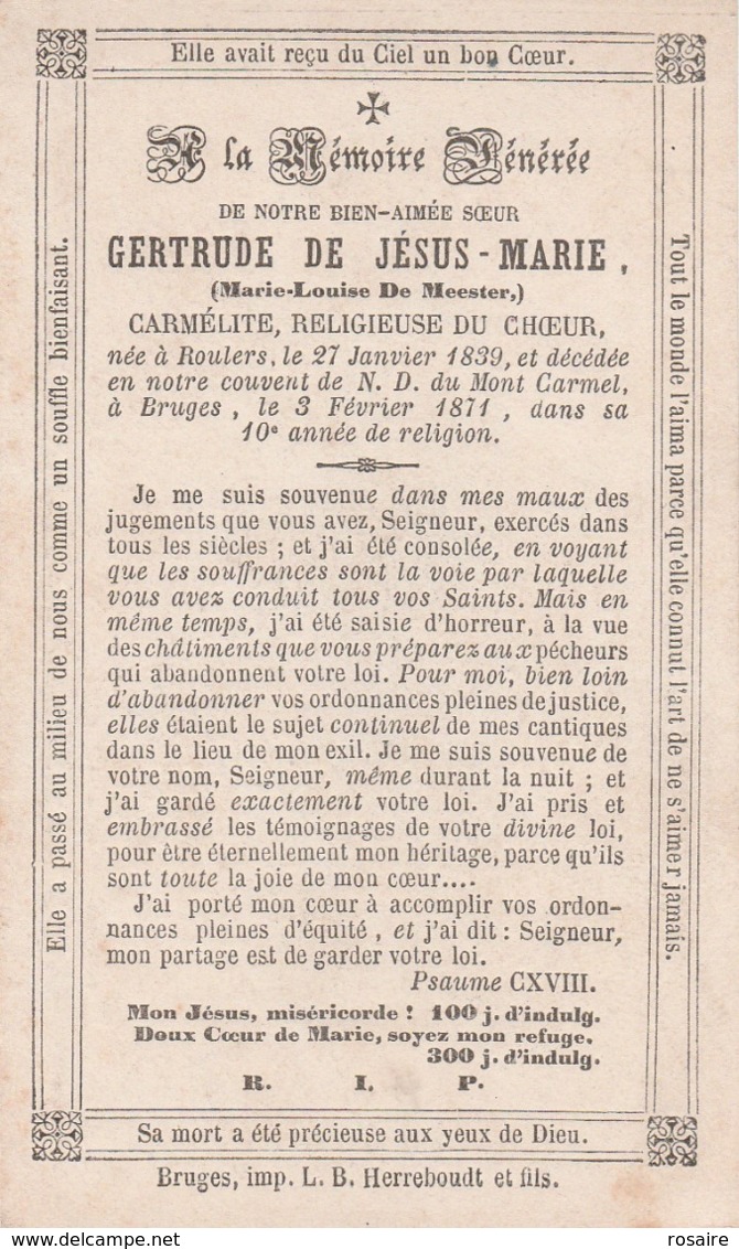 Non Marie Louise  De Meester-roulers 1839-bruges Convent Du Mont Carmel 1871 - Images Religieuses