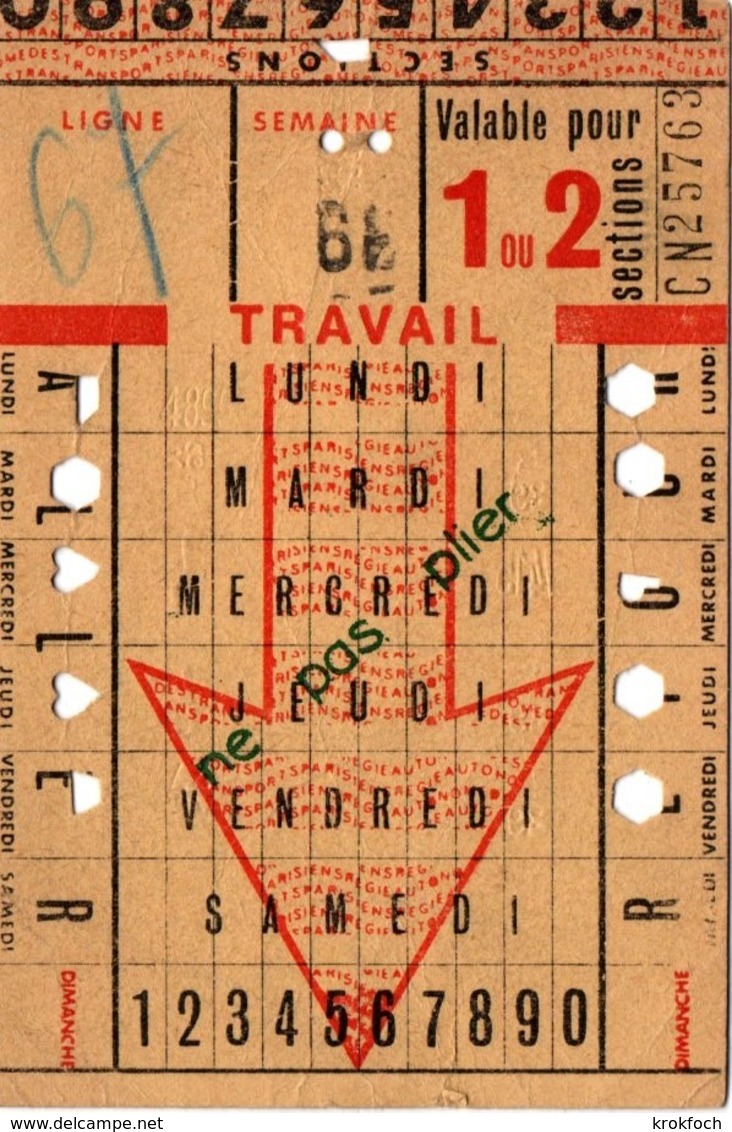 RATP Carte Hebdomadaire De Travail - Perforations Cœur Ou Hexagone - 11,7 X 7,7 Cm - Métro Bus Paris - Europe