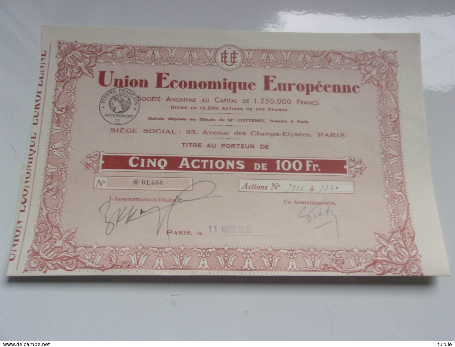 UNION ECONOMIQUE EUROPEENNE (titre 5 Actions) 1932 - Autres & Non Classés