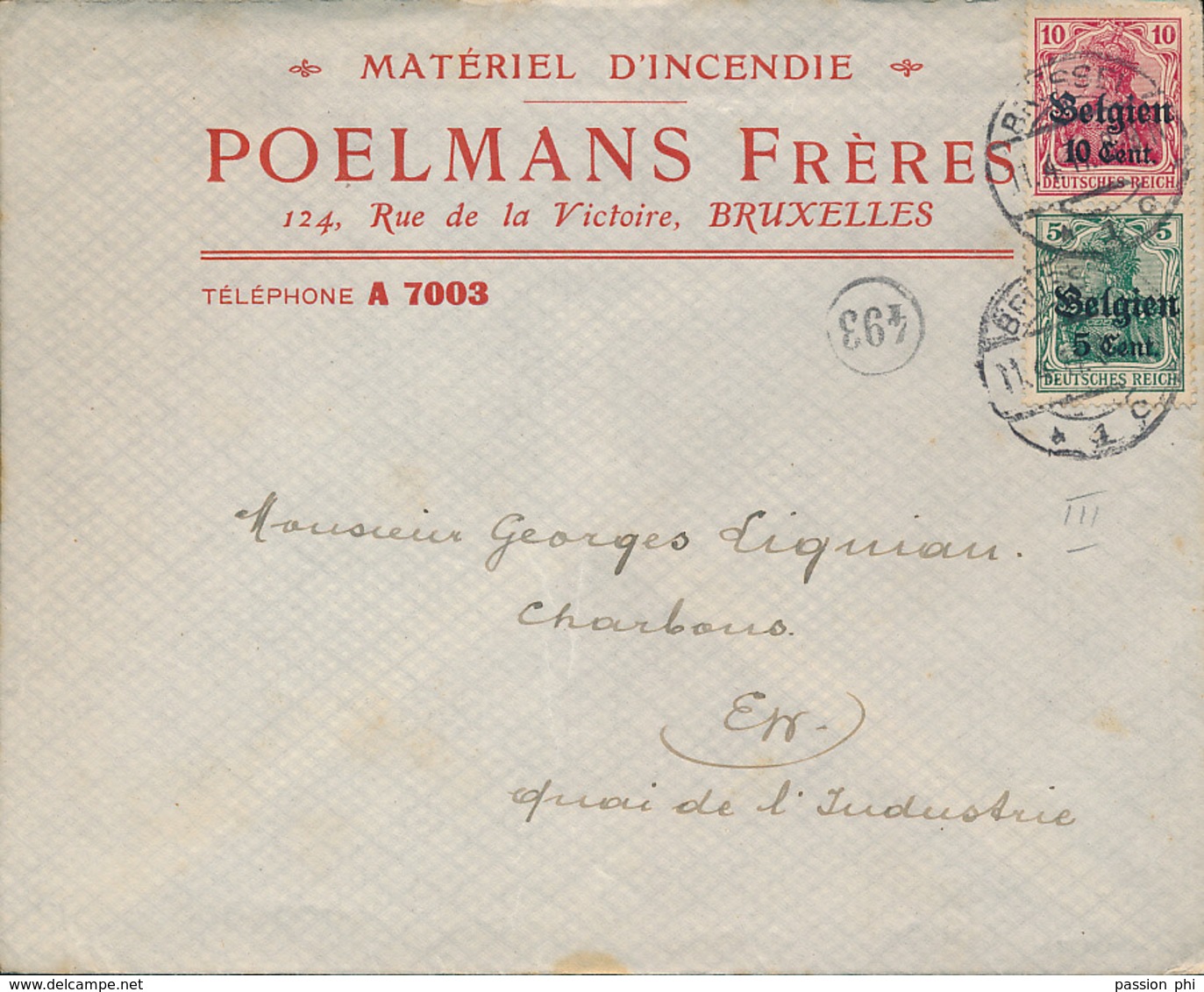 BELGIUM  WW1 POMPIER FIREMAN COVER FROM BRUSSELS - OC1/25 Gouvernement Général