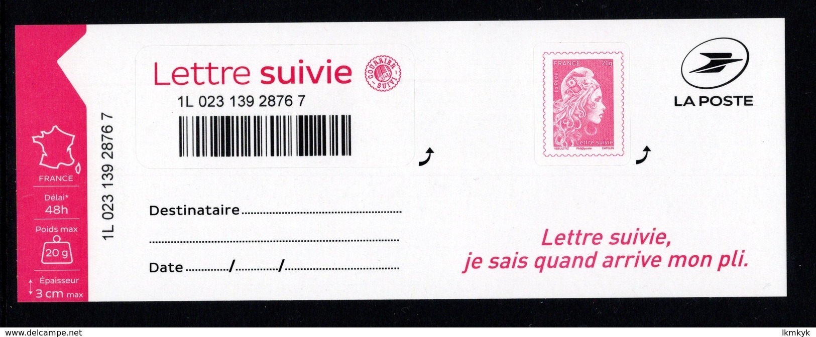 France 2019. ADHESIF.Nouvelle Marianne Vignette+timb Lettre Suivie 20grammes Validité Permanente..N° Non Contractuel. - Other & Unclassified