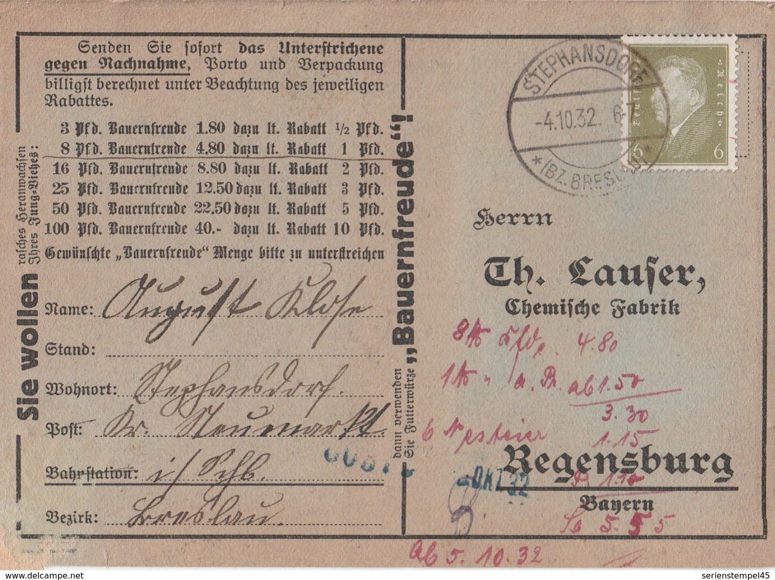 Schlesien Deutsches Reich Karte Mit Tagesstempel Stephansdorf Bz Breslau 1932 LK Neumarkt RB Breslau - Briefe U. Dokumente