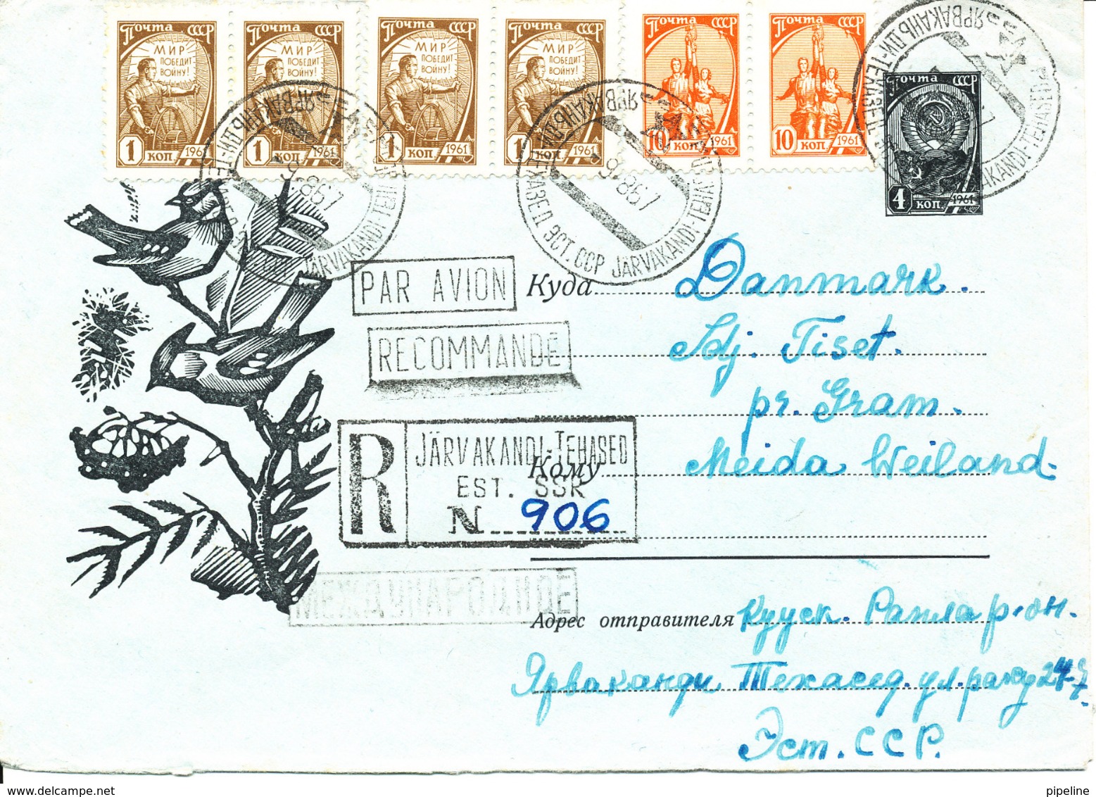 USSR Uprated Registered Postal Stationery Cover Sent To Denmark 9-8-1967 - 1960-69