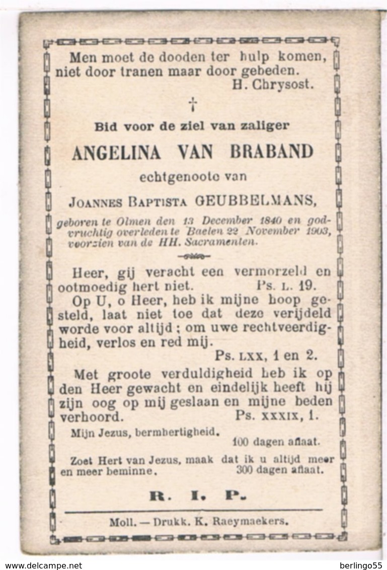 Dp. Van Braband Angelina. Echtg. Geubbelmans Joannes. ° Olmen 1840 † Baelen 1903  (2 Scan's) - Godsdienst & Esoterisme