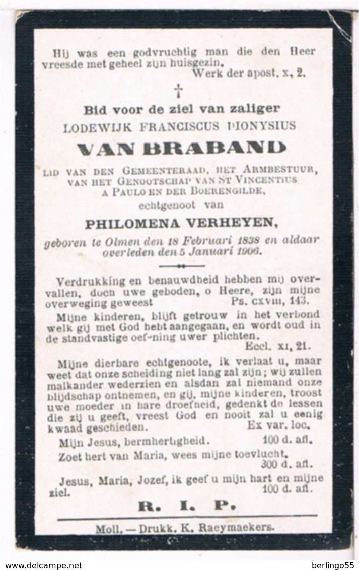 Dp. Van Braband Lodewijk. Echtg. Verheyden Philomena. ° Olmen 1838 † Olmen 1906  (2 Scan's) - Religion & Esotericism