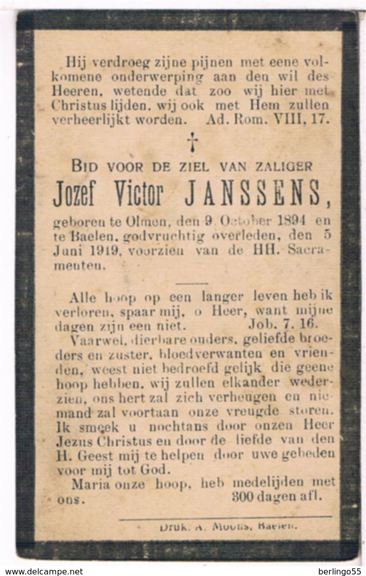 Dp. Janssens Jozef. ° Olmen 1894 † Baelen 1919  (2 Scan's) - Godsdienst & Esoterisme