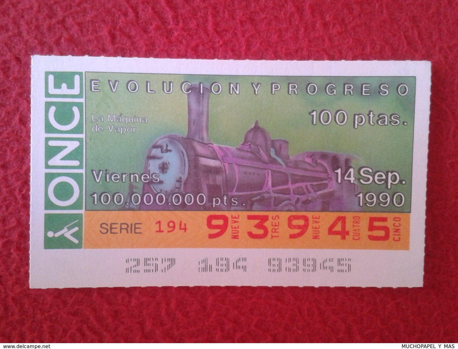 SPAIN CUPÓN DE ONCE LOTTERY LOTERÍA ESPAÑA 1990 EVOLUCIÓN Y PROGRESO EVOLUTION AND PROGRESS LA MÁQUINA VAPOR TREN TRAIN - Billetes De Lotería