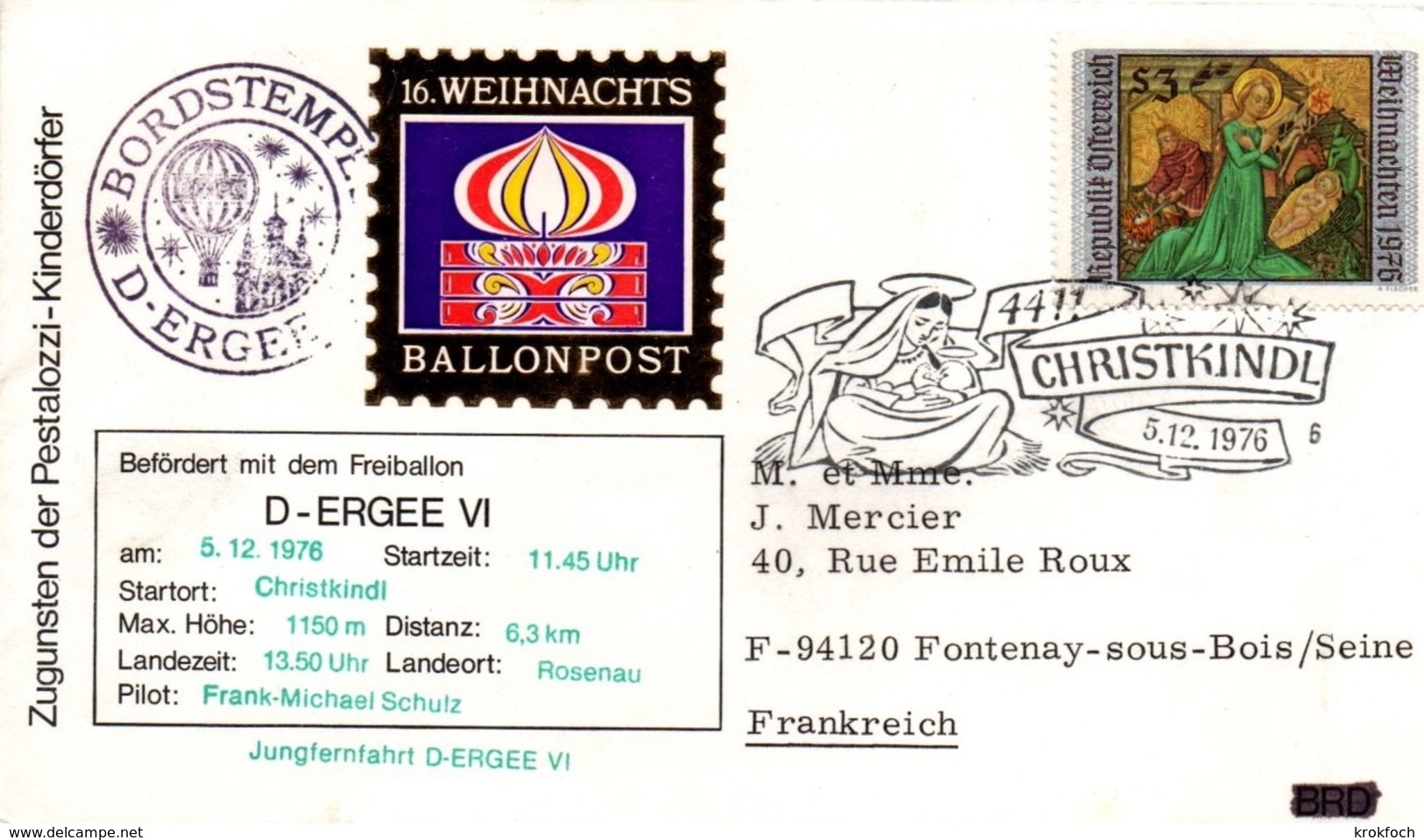 Christkindl 1976 - Ballonpost - Freiballon Montgolfière - Briefe U. Dokumente