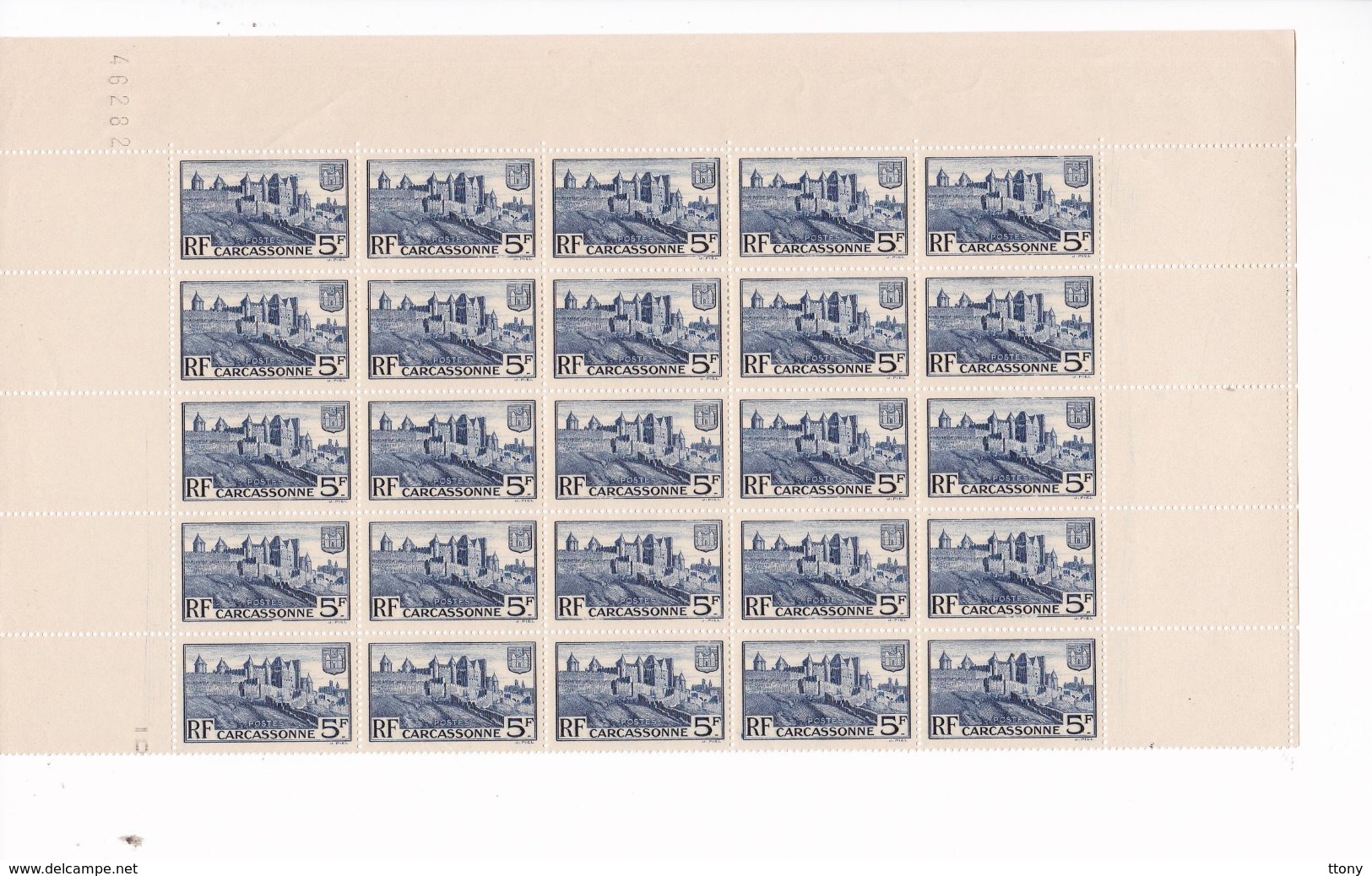 25 Timbres Neufs  Sur Une Feuille   Timbre N° 392  5 F Outremer  Carcasonne  Avec Gomme D'origine 1940 - Feuilles Complètes