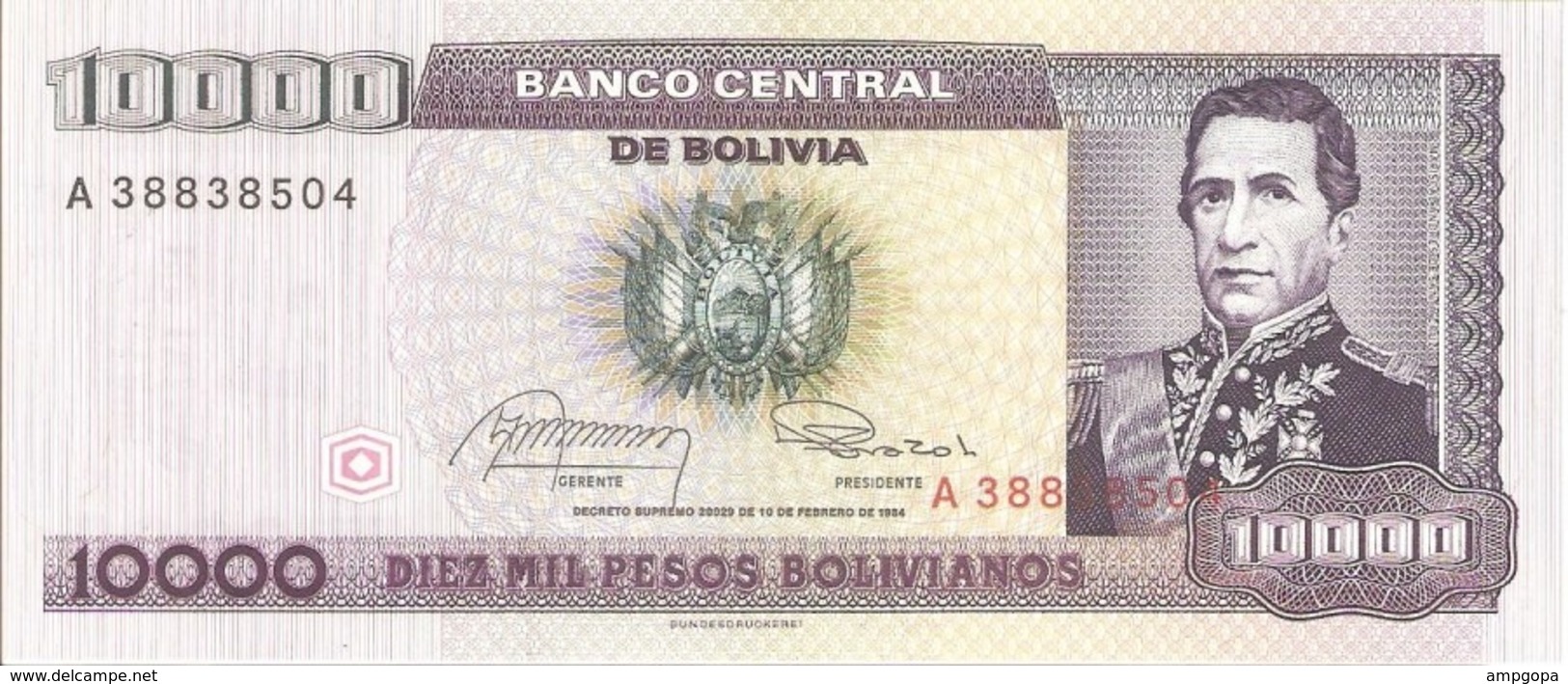 Bolivia 10.000 Pesos Bolivianos 10-2-1984 Pk 169 A Firmas Rossel Y Prado Gauchalla UNC Ref 3910-1 - Bolivia