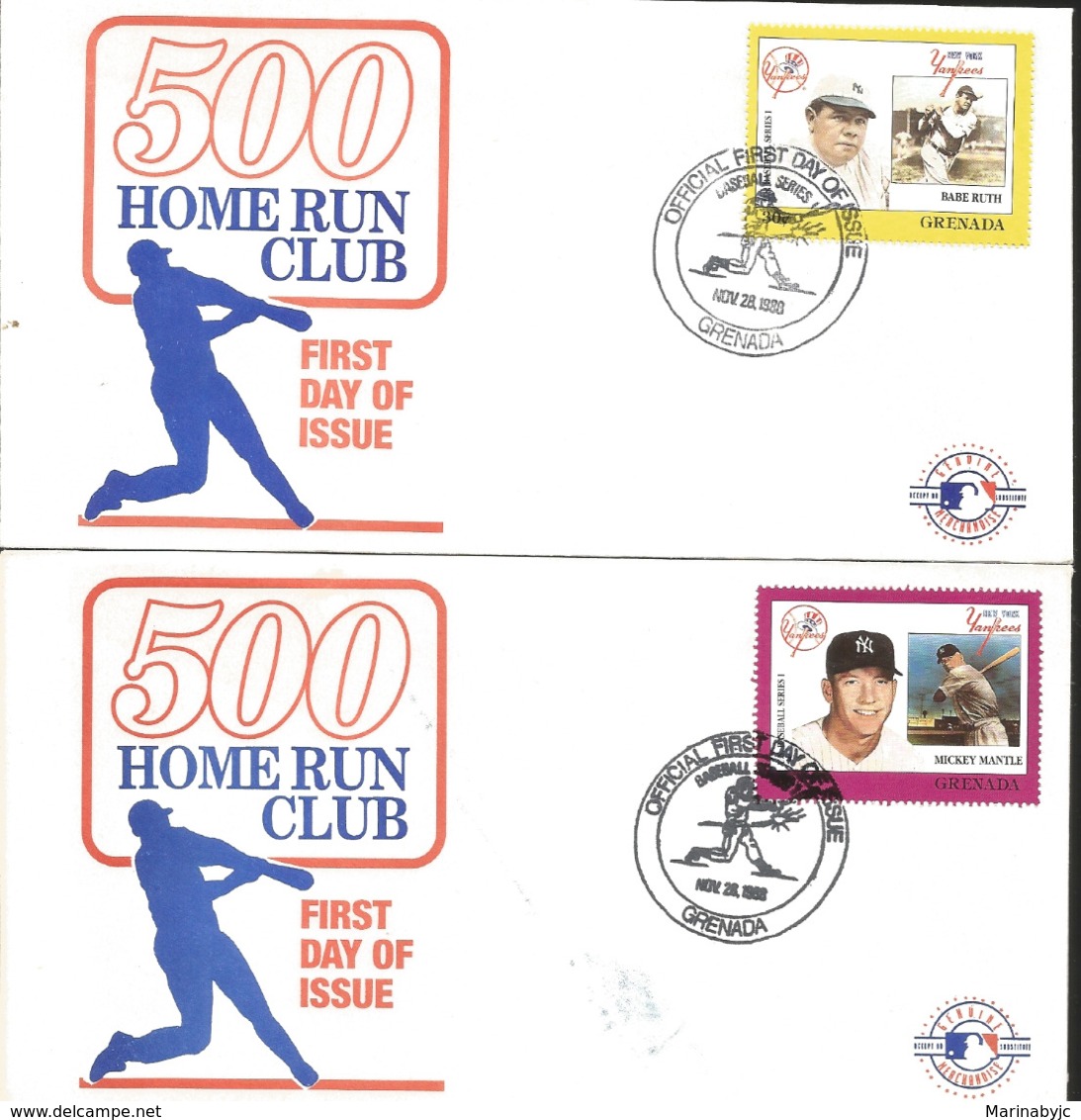 J) 1988 GRENADA, BASEBALL. 500 HOME RUN CLUB, MICKEY MANTLE, BABE RUTH, SET OF 2 FDC - Grenada (1974-...)