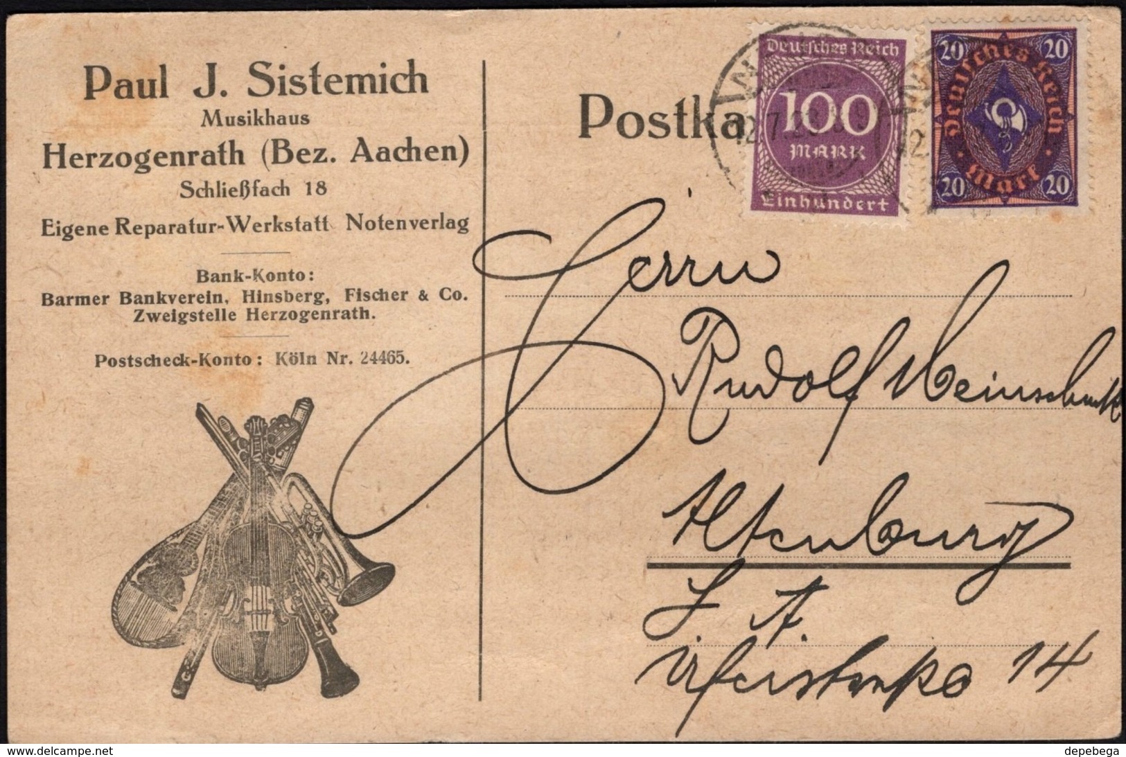 Germany - Musical Instruments Advertising Postcard 'PAUL J. SISTEMICH - MUSIKHAUS' Werbepostkarte, NEUSS 12.7.1923. - Covers & Documents