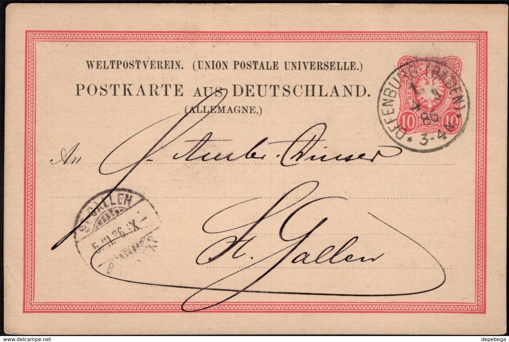 Germany - Postal Stationery Card. 10 Pf. Ganzsache (Mi. P8-I) Hofstetter & Kunst, Offenburg 4.3.1886 - St. Gallen. - Other & Unclassified