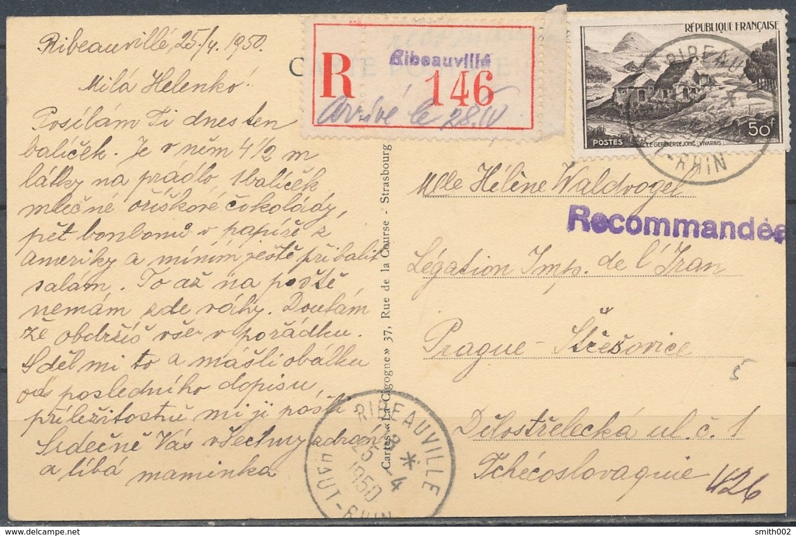 FRANCE - 25.4.1950, Reco Postcard From RIBEAUVILLE (Haut-Rhin) To Tchecoslovaquie - 1921-1960: Période Moderne