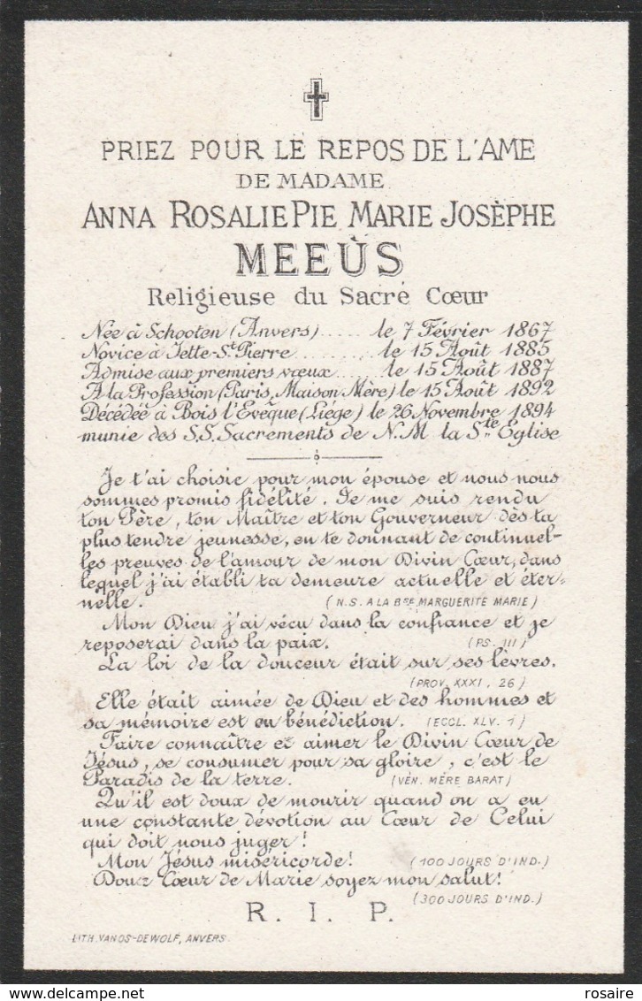 Anna Rosalie Pie Marie Josephe  Meeus-schooten 1867-bois L Eveque-liege 1894 - Images Religieuses