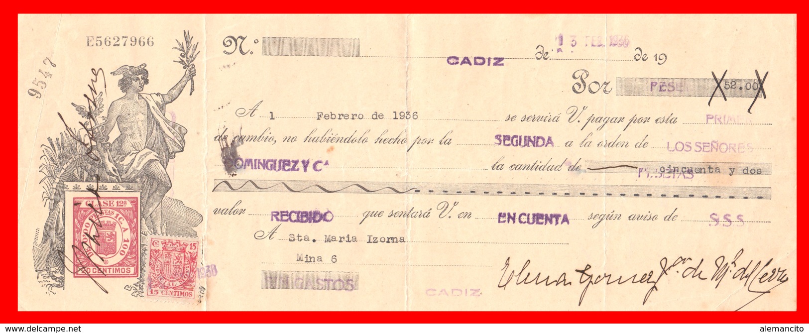 LETRA DE CAMBIO QUE PODEMOS DEFINIRLA COMO UN DOCUMENTO MERCANTIL AÑO 1936 - Letras De Cambio