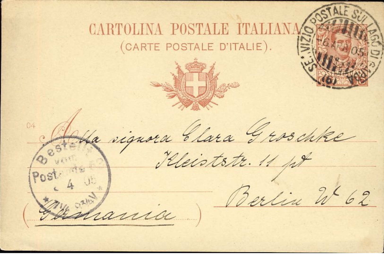 1905-intero Postale 10c. Annullo Servizio Postale Lago Di Garda 6, Diretto In Germania - Brescia