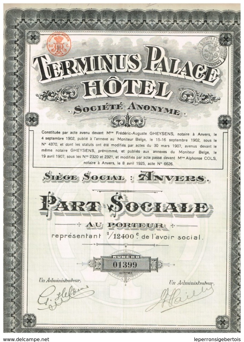 Titre Ancien - Terminus Palace Hôtel - Société Anonyme - Titre De 1925 N° 01399 - Tourisme