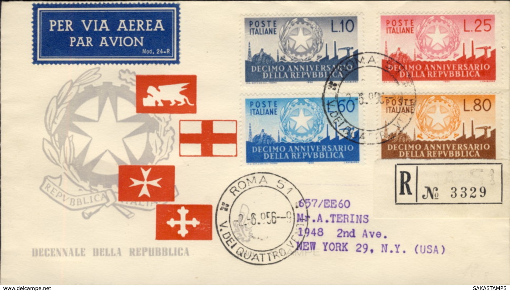 1956-Italia S.4valori 10'Anniversario Repubblica  Su Fdc Venetia Viaggiata - FDC