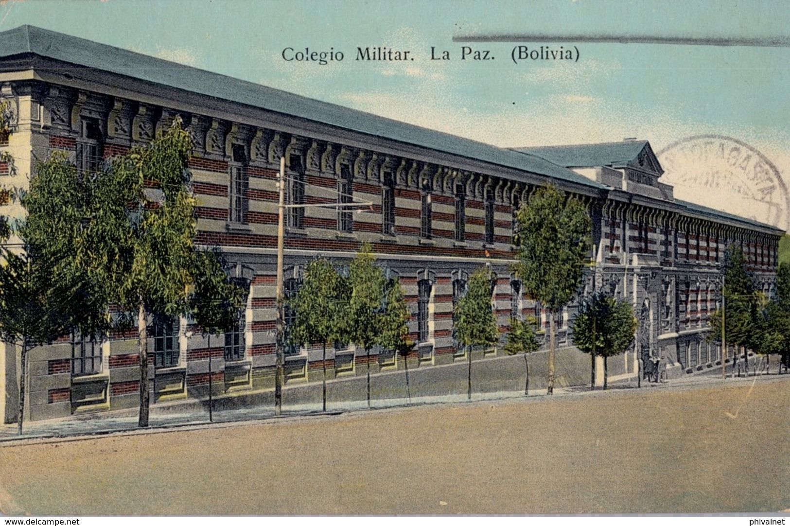 1909 BOLIVIA , TARJETA POSTAL CIRCULADA , COLEGIO MILITAR LA PAZ , FECHADORES DE ANTOFAGASTA - Bolivia