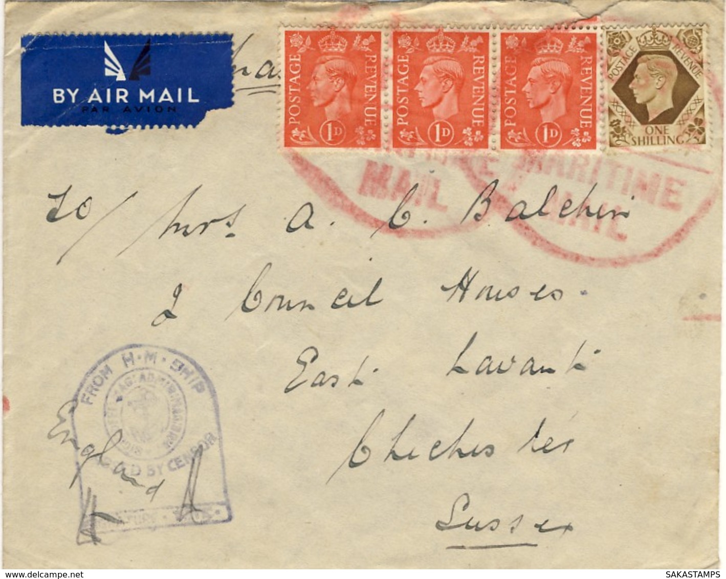 1937/47-Gran Bretagna Bollo Rosso Maritime Mail E Timbro Censura From H.M.Ship - Storia Postale