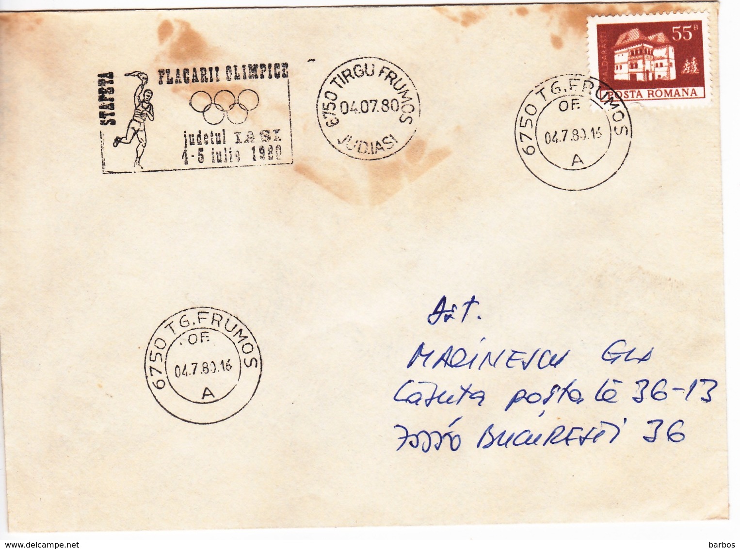 Roumanie , Romania  , 1980  , Olimpiade - 1980 ; Special Cancel ; Olympic Torch Relay ,  Used Cover - Marcofilia
