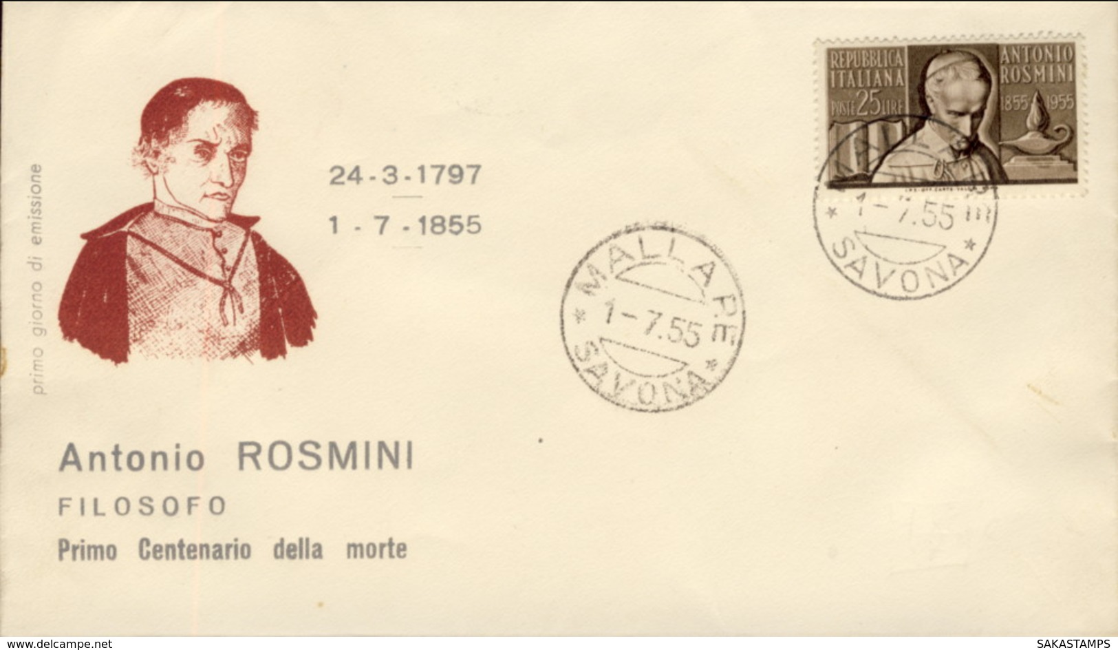 1955-Italia L.25 Rosmini Su Fdc Illustrata - FDC