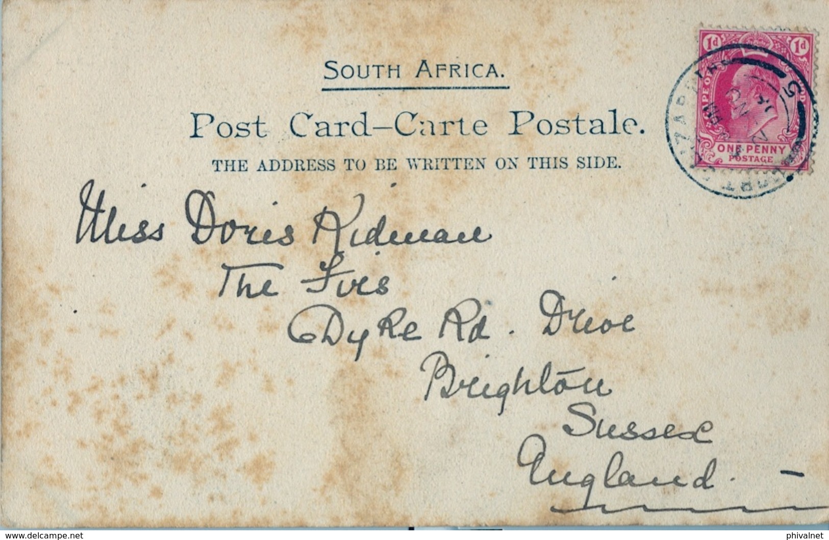 1908 SUDAFRICA , TARJETA POSTAL  CIRCULADA , PORT ELIZABETH - ZULU BOY AND RICKSHAV - Otros & Sin Clasificación