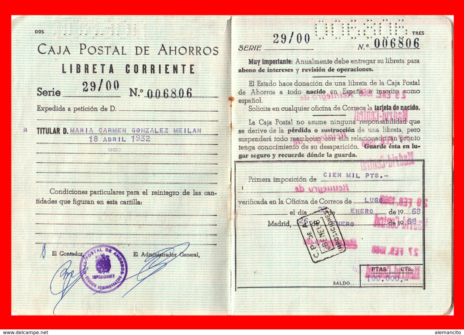 ESPAÑA CARTILLA DE AHORRO LIBRETA CORRIENTE CAJA POSTAL DE AHORROS L - Documentos Históricos