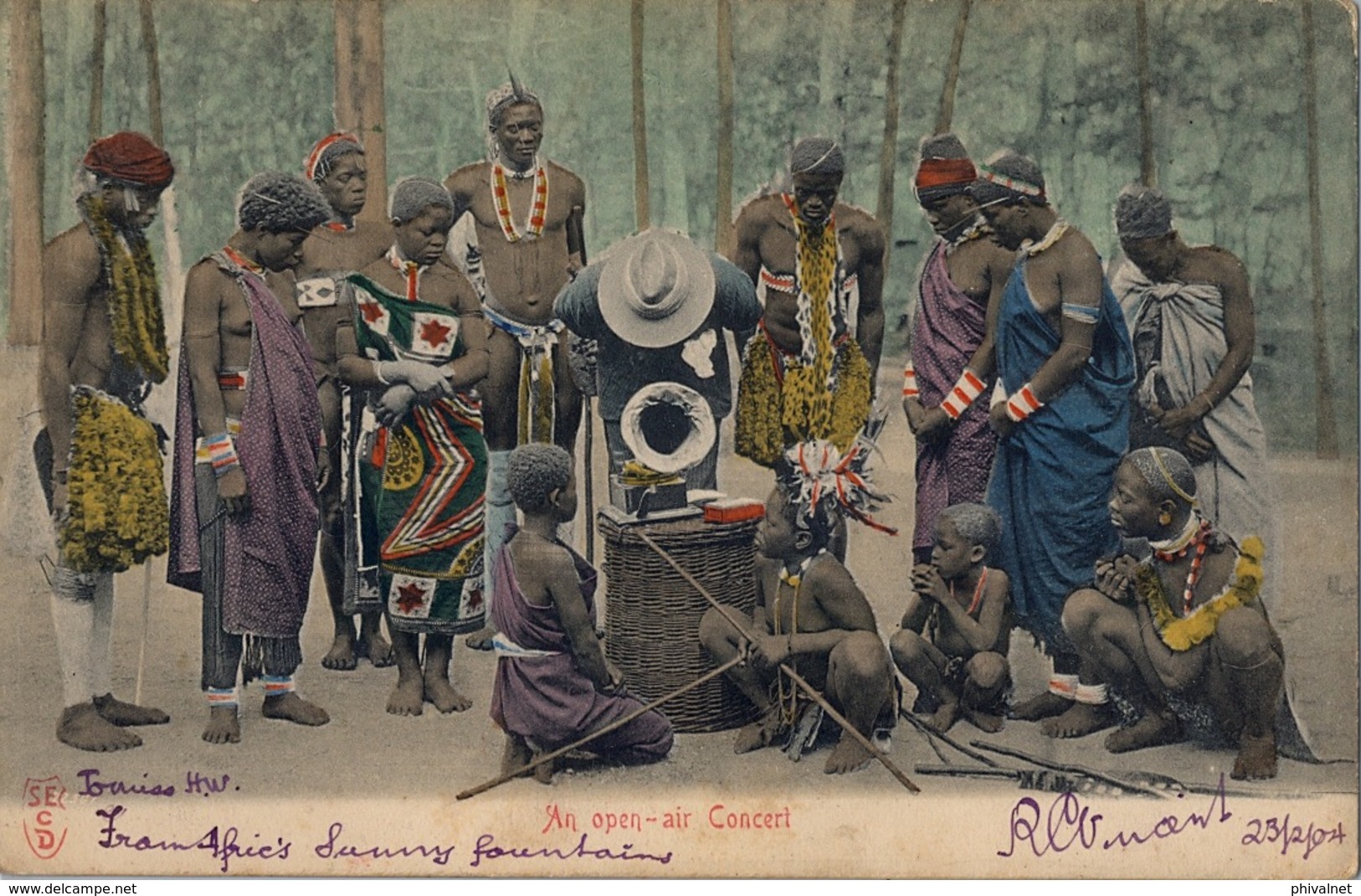 1904 SUDAFRICA , TARJETA POSTAL  CIRCULADA - CAPE TOWN , AN OPEN AIR CONCERT , GRAMÓFONO , GRAMOPHONE - Música Y Músicos