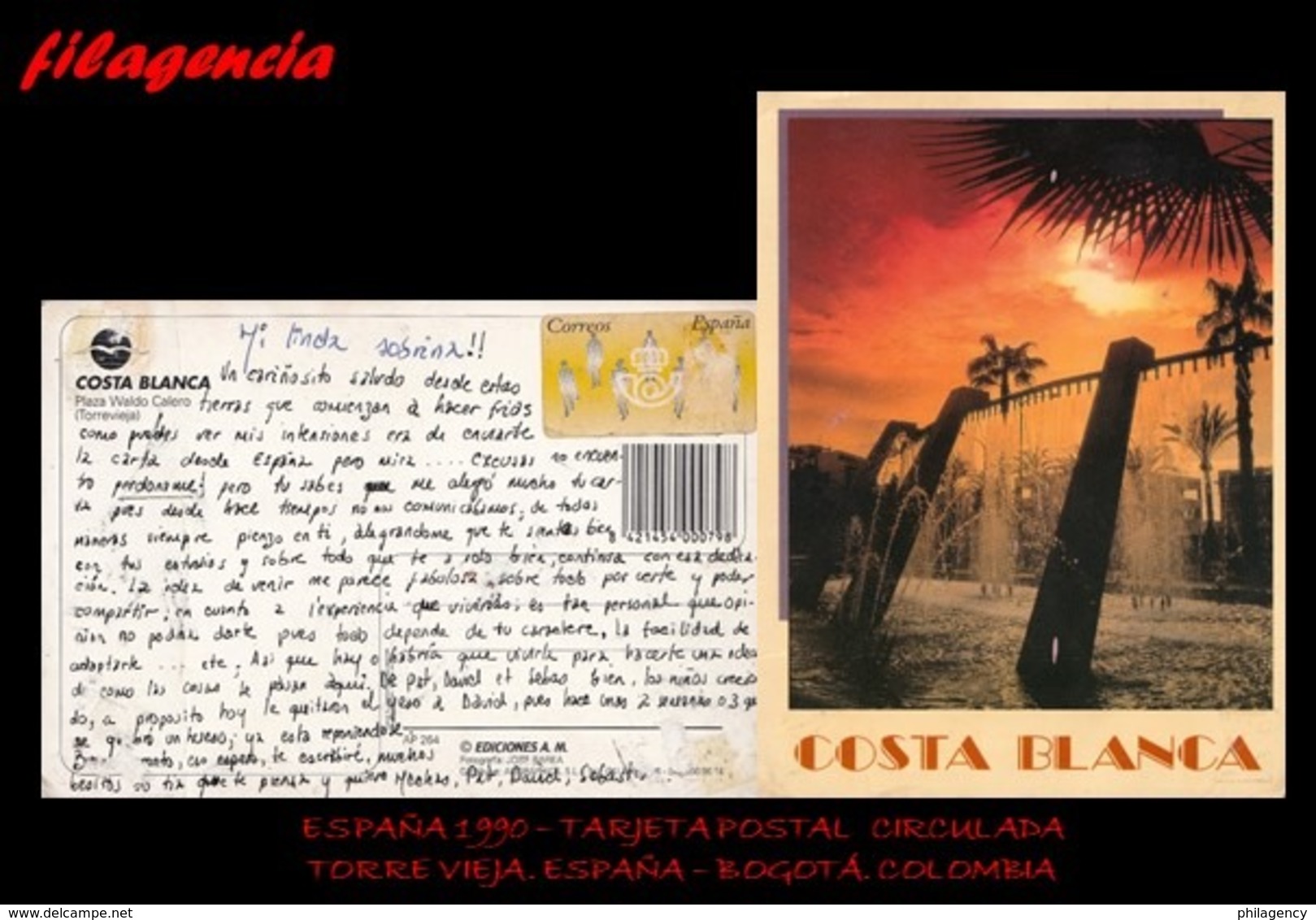 EUROPA. ESPAÑA. ENTEROS POSTALES. TARJETA POSTAL CIRCULADA 1990. TORRE VIEJA. ESPAÑA-BOGOTÁ. COLOMBIA - Cartas & Documentos