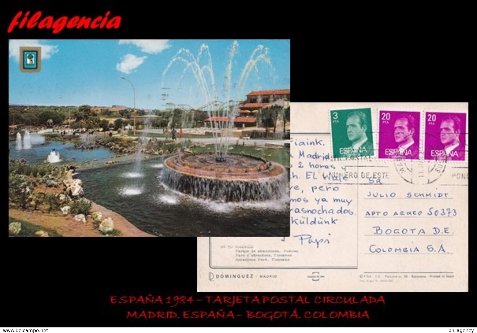 EUROPA. ESPAÑA. ENTEROS POSTALES. TARJETA POSTAL CIRCULADA 1984. MADRID. ESPAÑA-BOGOTÁ. COLOMBIA. MATASELLO PARLANTE - Cartas & Documentos