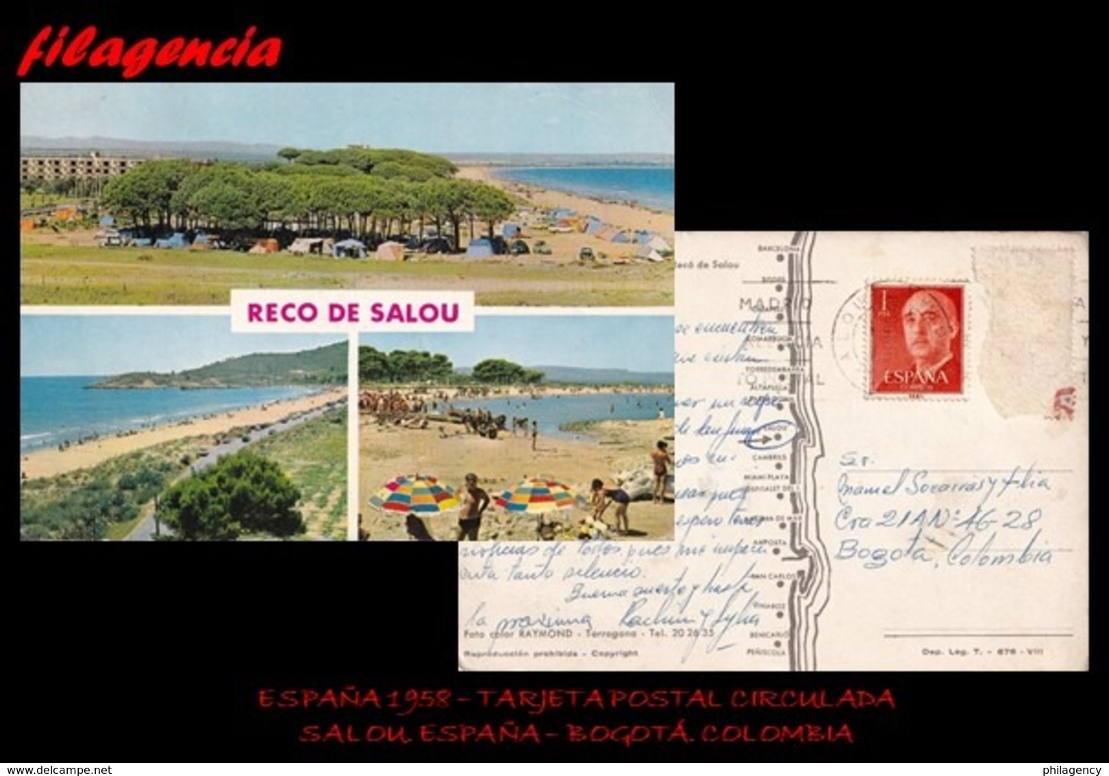 EUROPA. ESPAÑA. ENTEROS POSTALES. TARJETA POSTAL CIRCULADA 1958. SALOU. ESPAÑA-BOGOTÁ. COLOMBIA - Cartas & Documentos