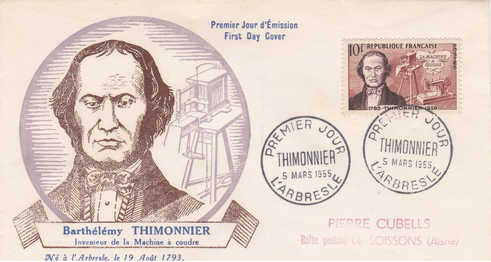 1013 De 1955 - Enveloppe 1er Jour  - Barthélémy Thimonnier (1793-1857) Inventeur De La Machine à Coudre - 1950-1959