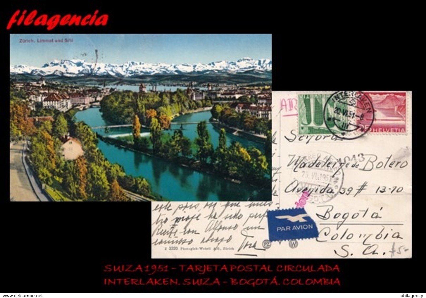 EUROPA. SUIZA. ENTEROS POSTALES. TARJETA POSTAL CIRCULADA 1951. INTERLAKEN. SUIZA-BOGOTÁ. COLOMBIA. PUENTES - Cartas & Documentos