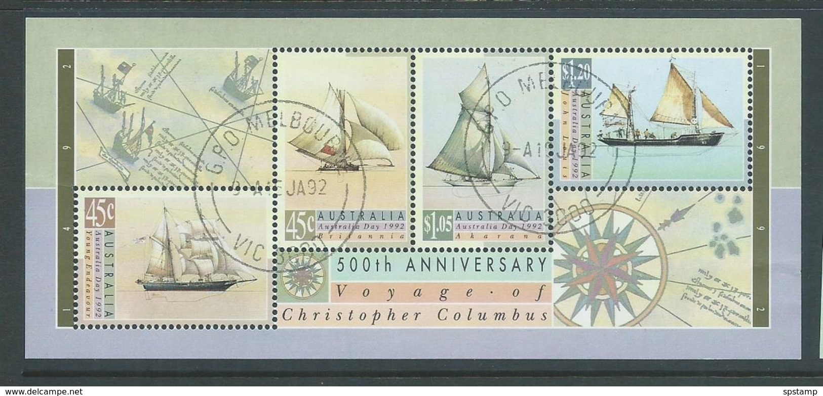 Australia 1992 Australia Day Columbus & Ships Miniature Sheet CTO FDI Full Gum , Corner / Edge Fault - Mint Stamps