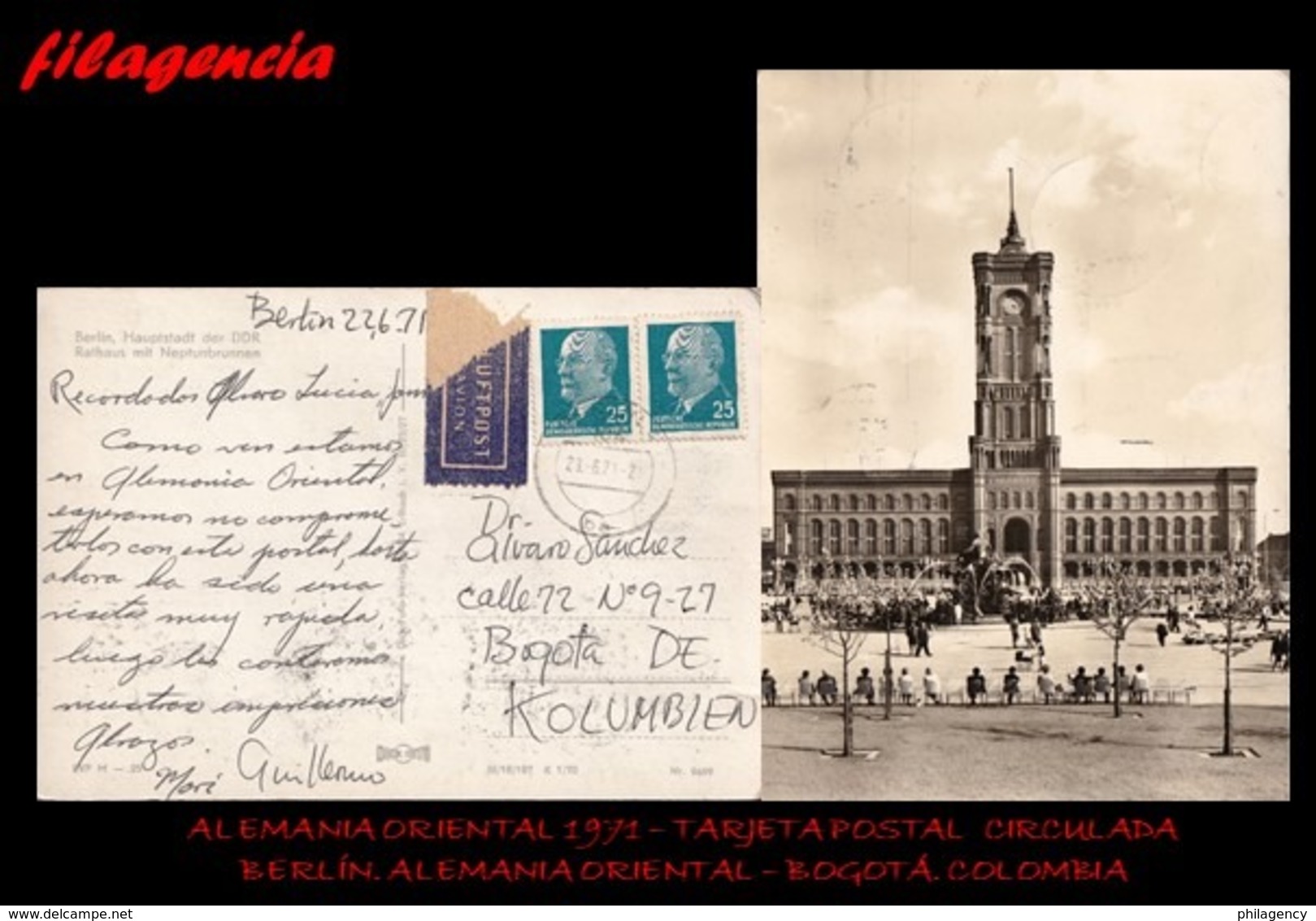 EUROPA. ALEMANIA ORIENTAL. ENTEROS POSTALES. TARJETA POSTAL CIRCULADA 1971. BERLÍN. ALEMANIA ORIENTAL-BOGOTÁ. COLOMBIA - Cartas & Documentos