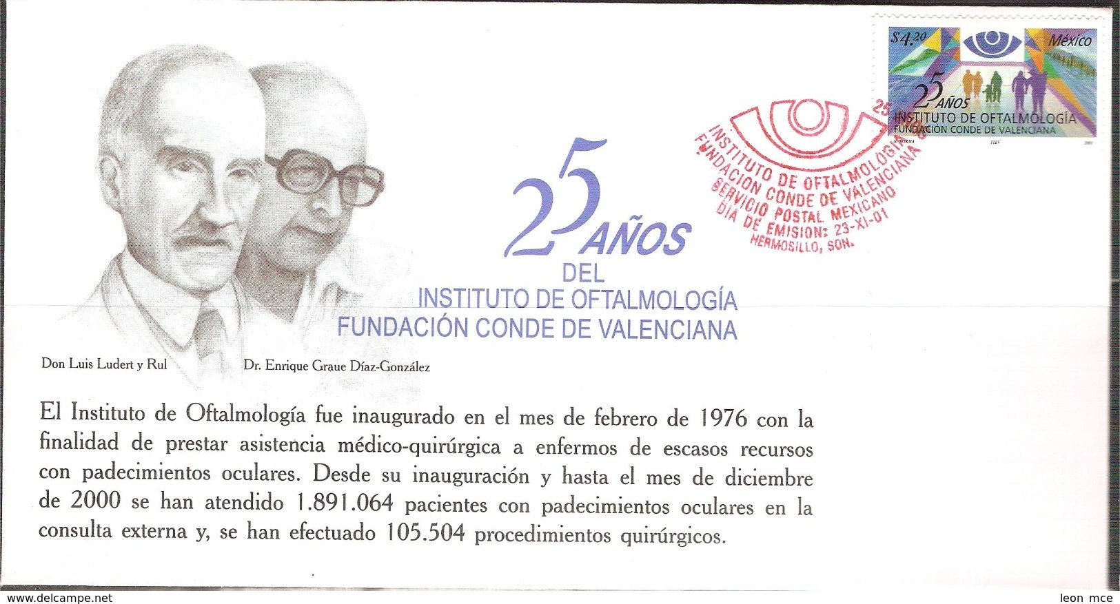 2001 MÉXICO FDC 25 Años Del Instituto De Oftalmología Fundacion Conde De Valenciana, Ophthalmology Institute, Health - México