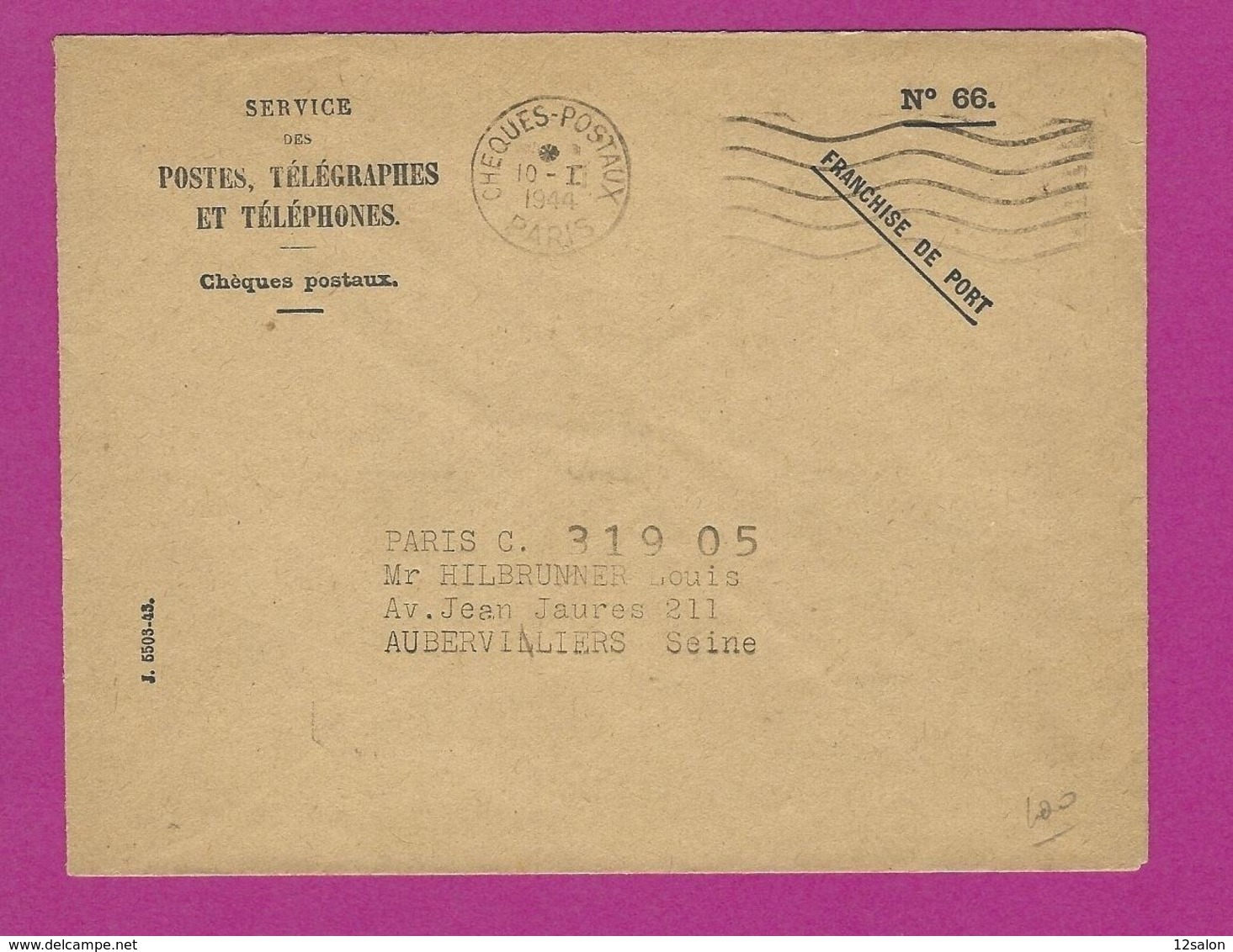 FRANCE Lettre CHEQUE POSTAUX PARIS 1944 - Maschinenstempel (Sonstige)