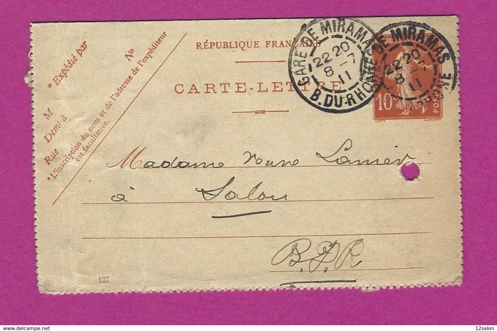 FRANCE Lettre TYPE ENTIERS SEMEUSE Obl GARE DE MIRAMAS 1911 - 1877-1920: Periodo Semi Moderno