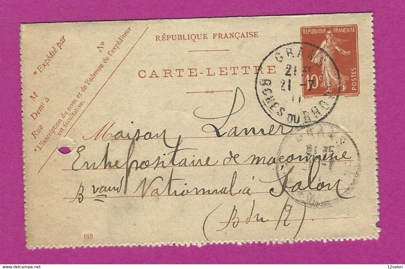 FRANCE Lettre TYPE ENTIERS SEMEUSE Obl GRANS 1911 - 1877-1920: Semi-moderne Periode