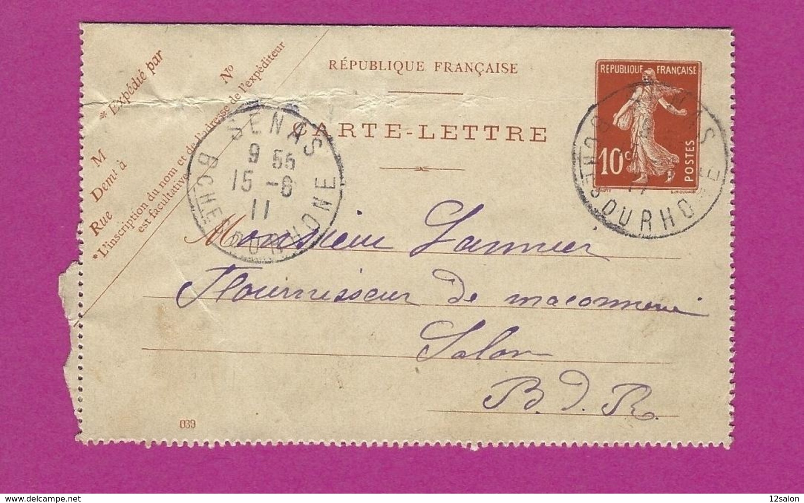 FRANCE Lettre TYPE ENTIERS SEMEUSE Obl SENAS 1911 - 1877-1920: Semi-moderne Periode