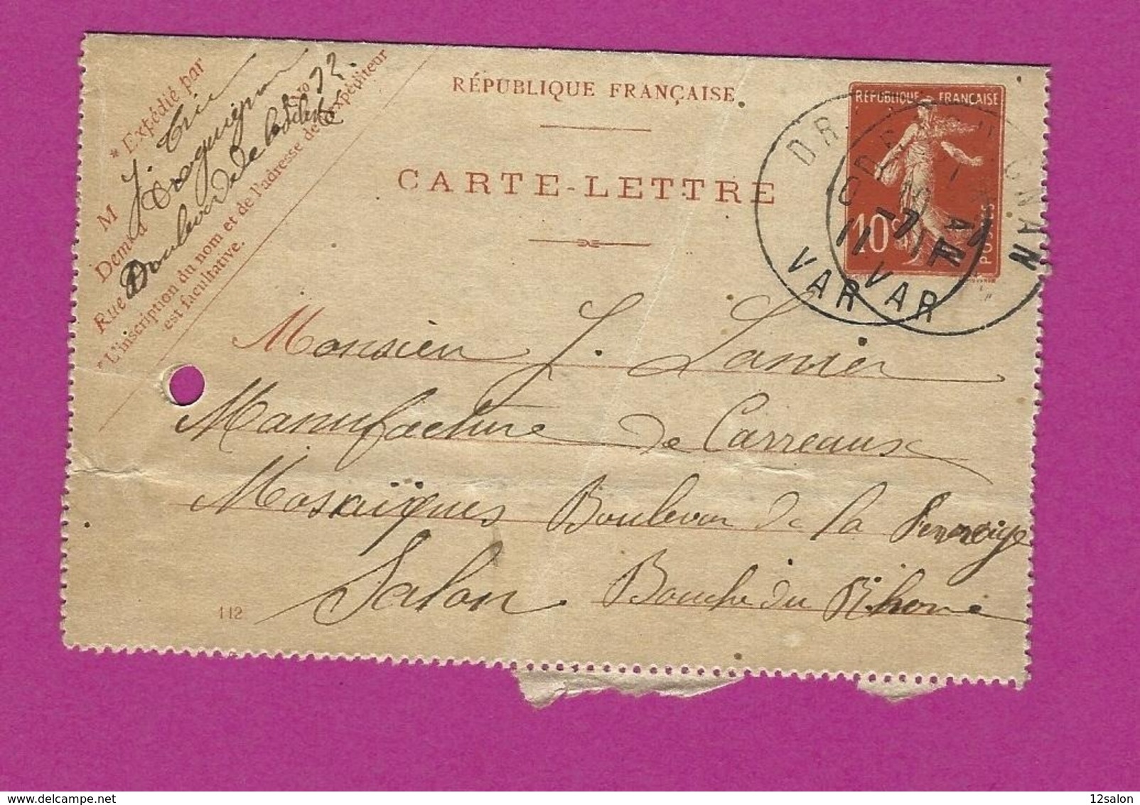 FRANCE Lettre TYPE ENTIERS SEMEUSE Obl DRAGUIGNAN 1911 - 1877-1920: Semi Modern Period