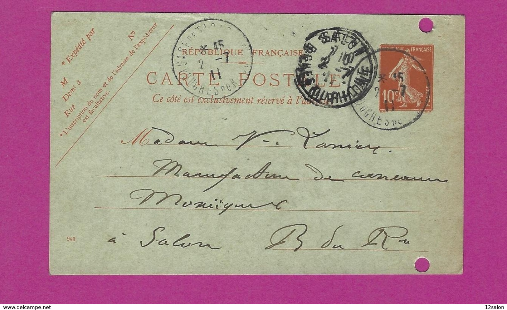 FRANCE Lettre TYPE ENTIERS SEMEUSE Obl GARE DE TARASCON 1911 - 1877-1920: Période Semi Moderne