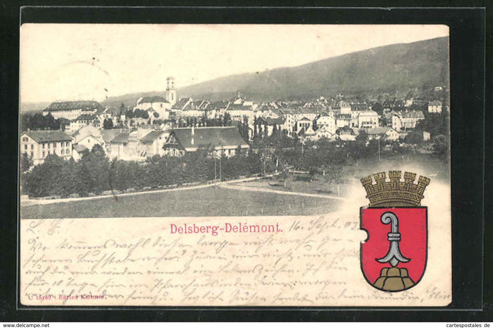 Präge-AK Delémont-Delsberg, Teilansicht Mit Kirche, Wappen - Delémont